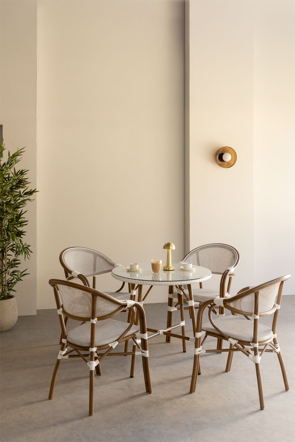 Brielle Bistro round table set, Ø80 cm, and 4 stackable aluminum dining chairs with armrests., gallery image 1