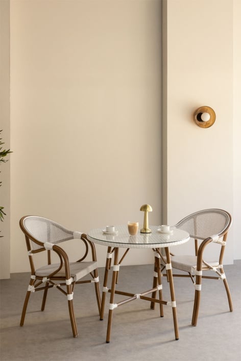 Brielle Bistro round table set, Ø80 cm, and two stackable dining chairs with armrests in aluminium. - Gardenia White