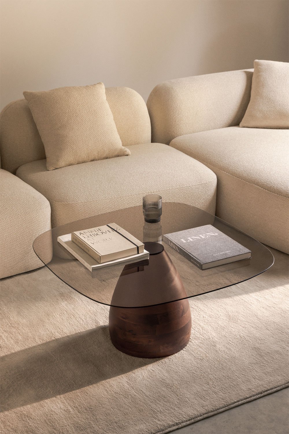 Mariana square coffee table, 80x80 cm, made of mango wood and glass, gallery image 1