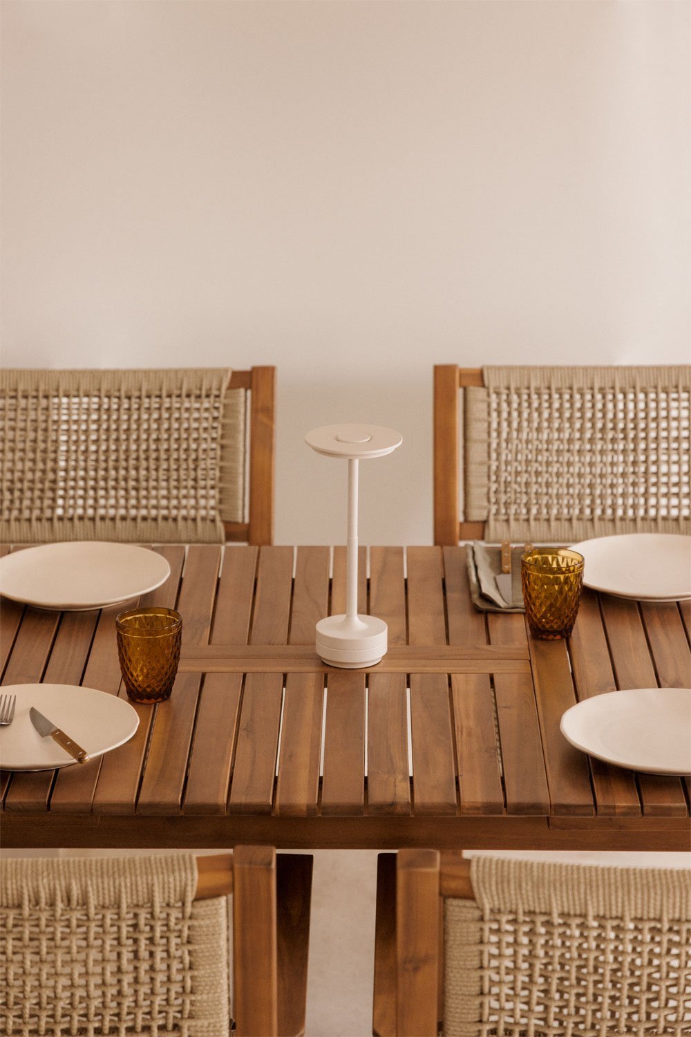 Rectangular Table Set 160-210x90 cm extendable and 6 dining chairs with armrests in acacia wood Tenay, gallery image 2