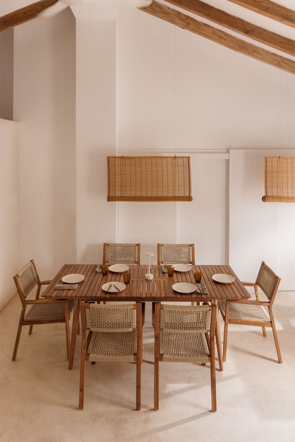 Rectangular Table Set 160-210x90 cm extendable and 6 dining chairs with armrests in acacia wood Tenay, gallery image 1