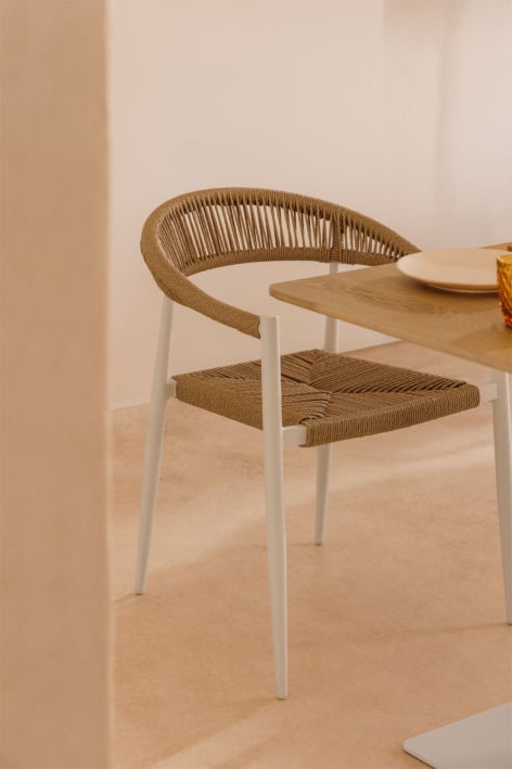 Stackable dining chair with armrests in aluminium and synthetic rattan Amatria - Gardenia White