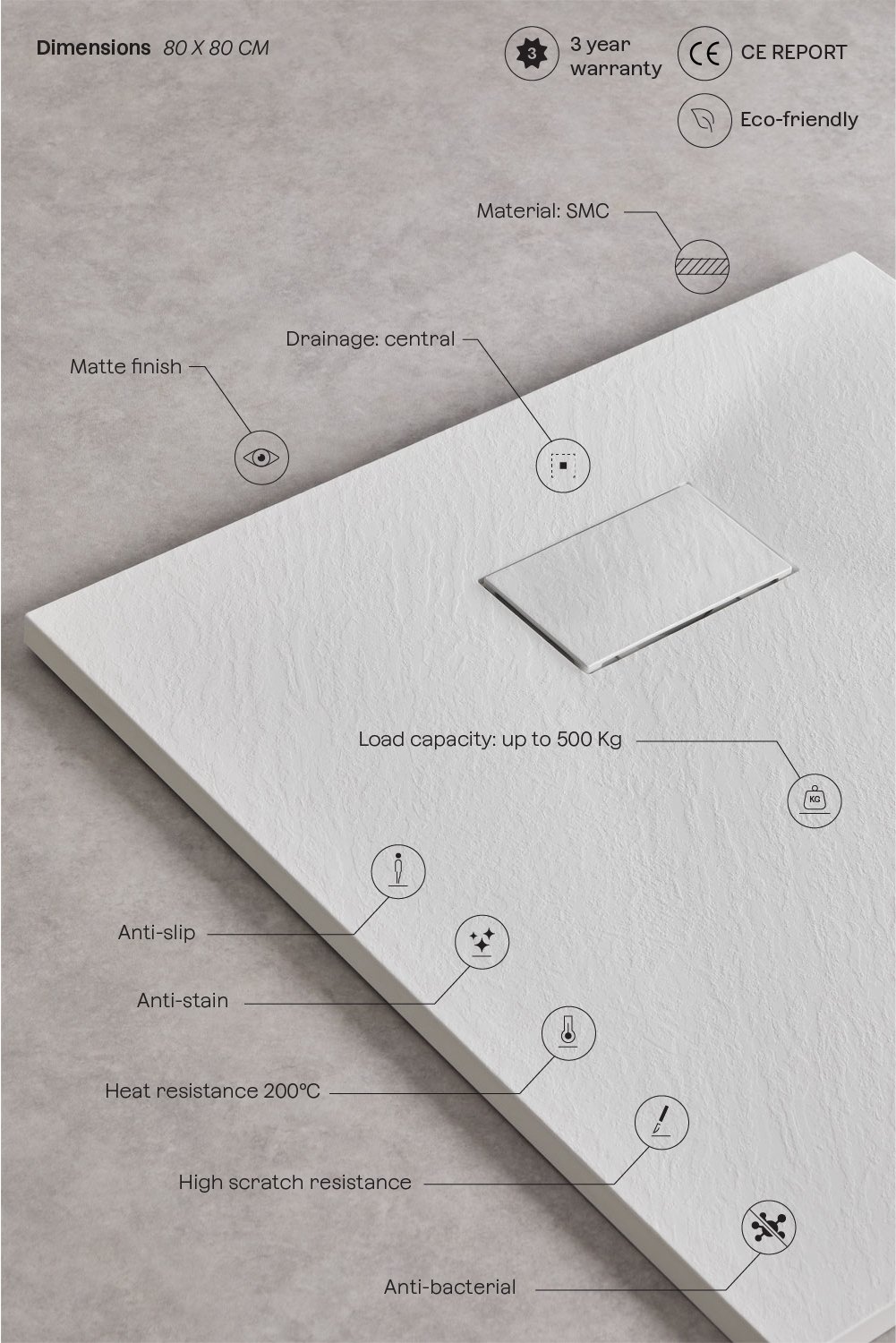 Soho square, non-slip, extra-flat SMC resin shower tray, gallery image 3