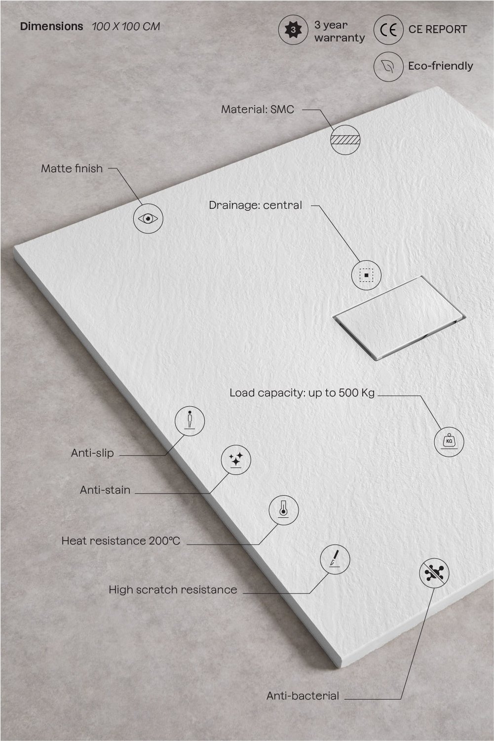 Soho square, non-slip, extra-flat SMC resin shower tray, gallery image 3