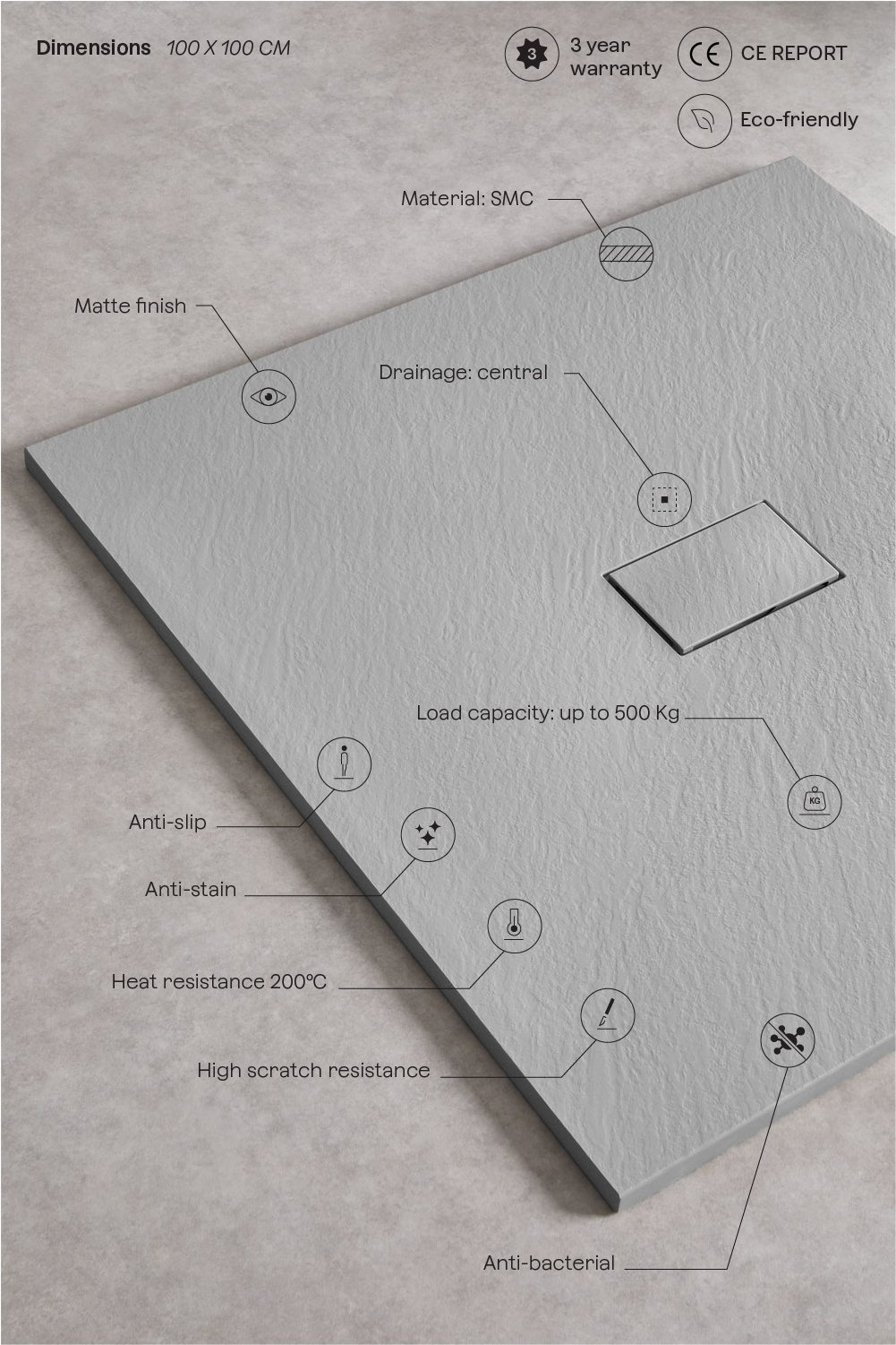 Soho square, non-slip, extra-flat SMC resin shower tray, gallery image 3