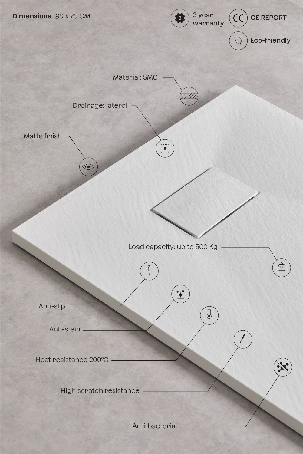 Soho rectangular, non-slip, extra-flat SMC resin shower tray, gallery image 3