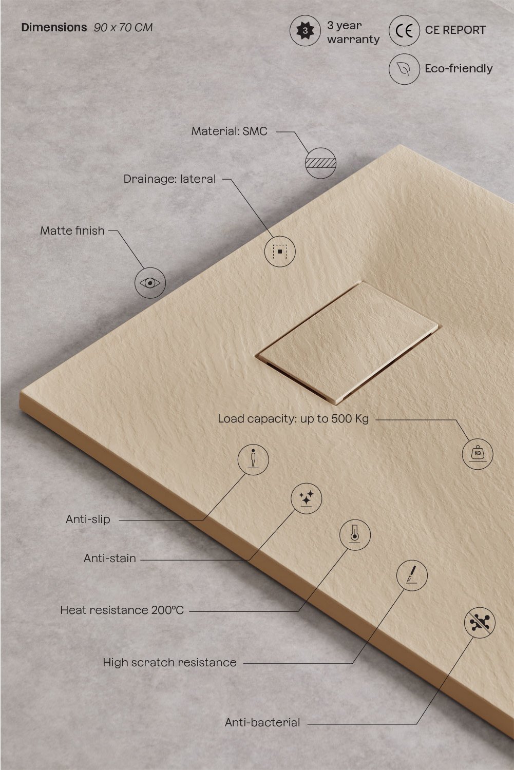 Soho rectangular, non-slip, extra-flat SMC resin shower tray, gallery image 3