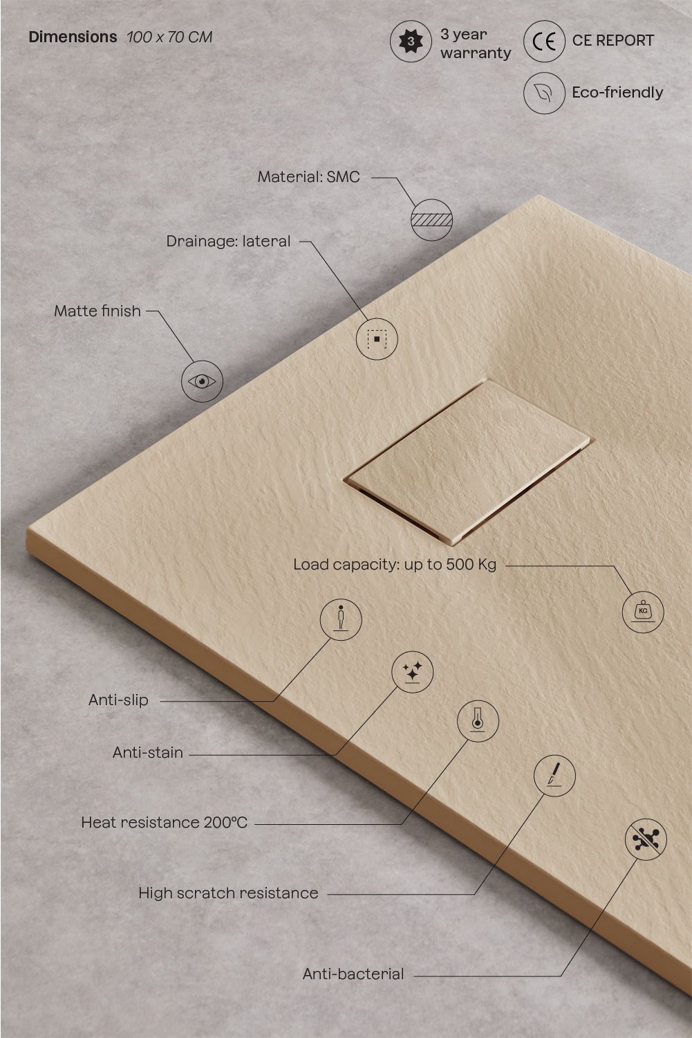 Soho rectangular, non-slip, extra-flat SMC resin shower tray, gallery image 3