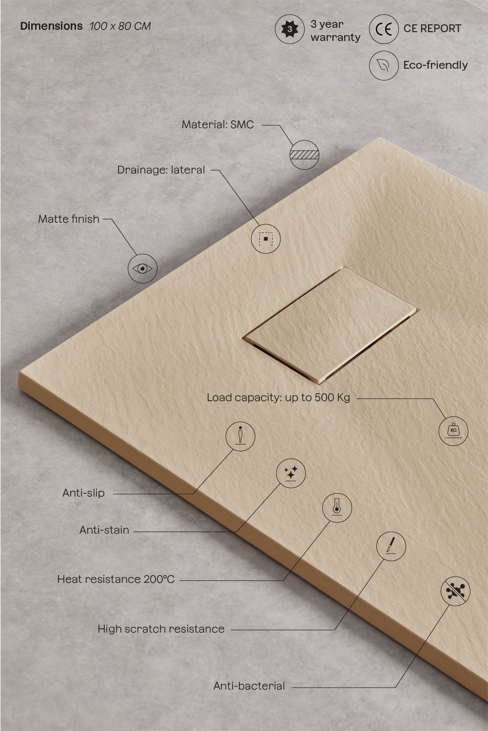 Soho rectangular, non-slip, extra-flat SMC resin shower tray, gallery image 3