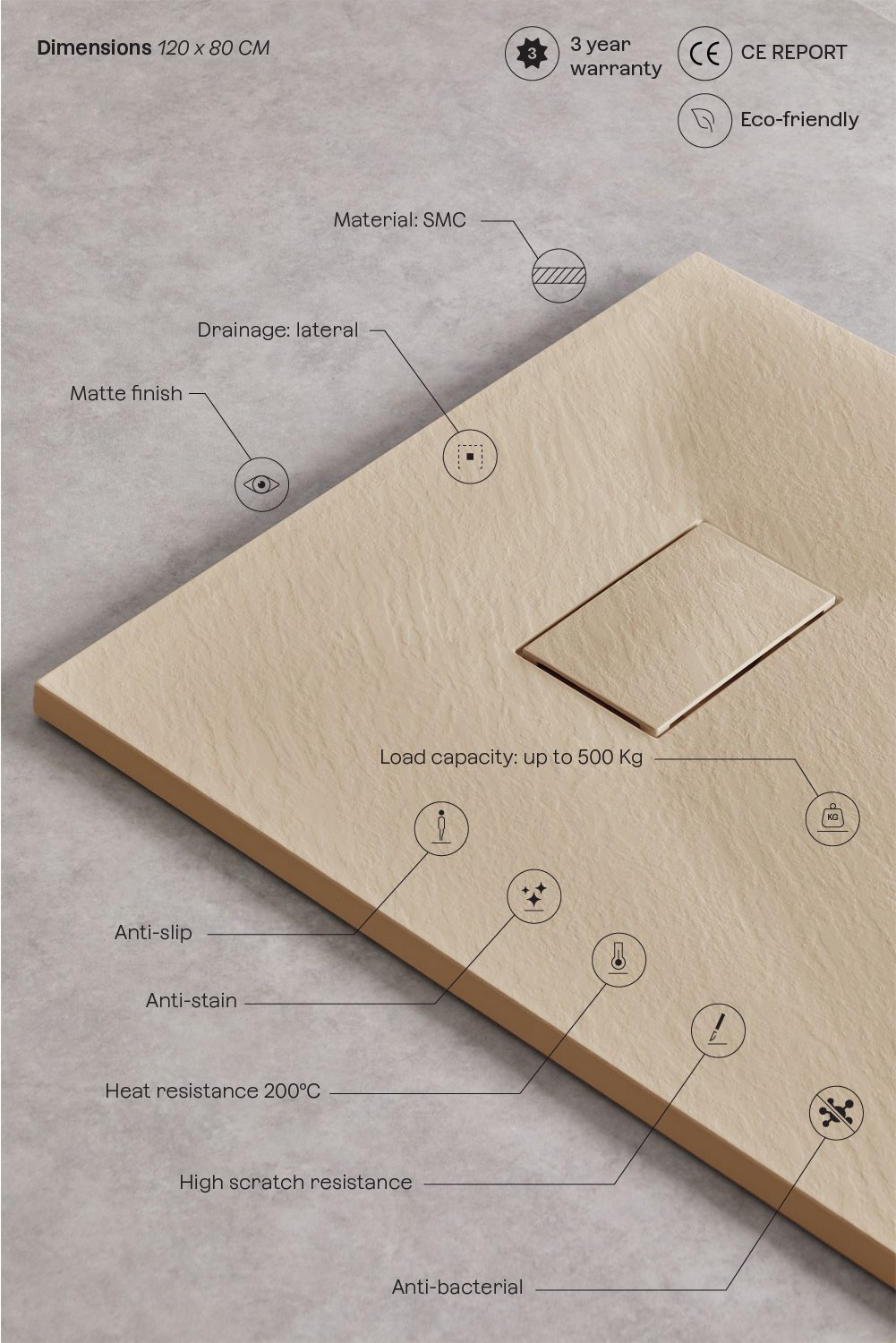 Soho rectangular, non-slip, extra-flat SMC resin shower tray, gallery image 3