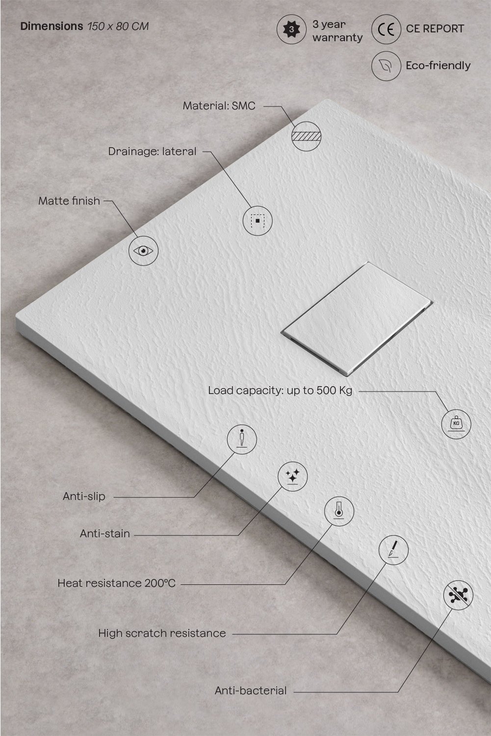 Soho rectangular, non-slip, extra-flat SMC resin shower tray, gallery image 3