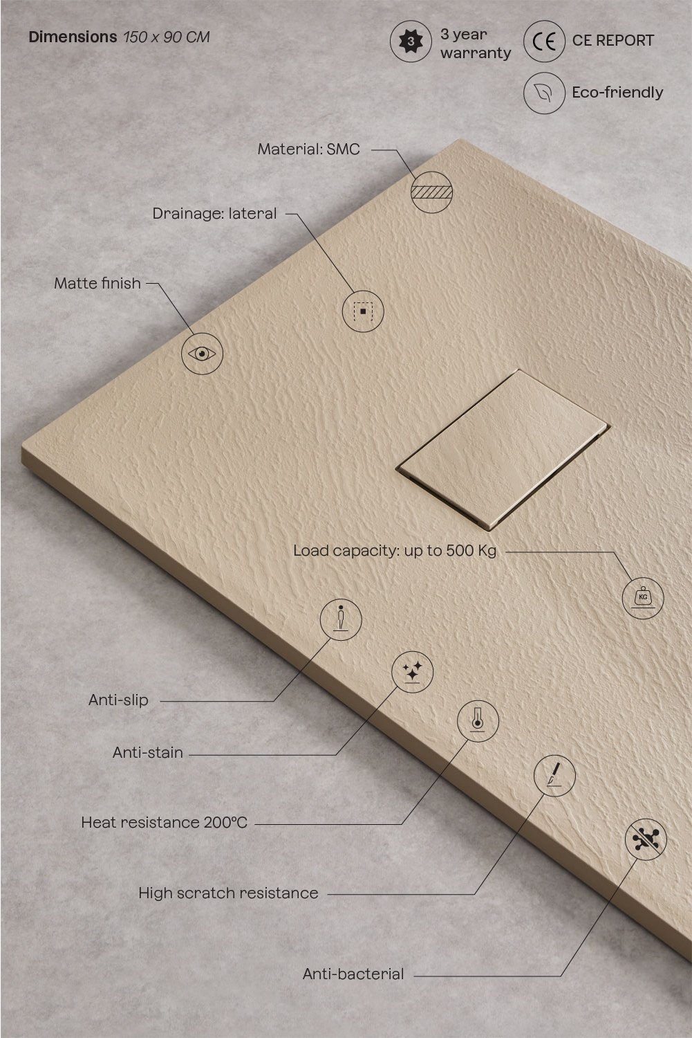 Soho rectangular, non-slip, extra-flat SMC resin shower tray, gallery image 3