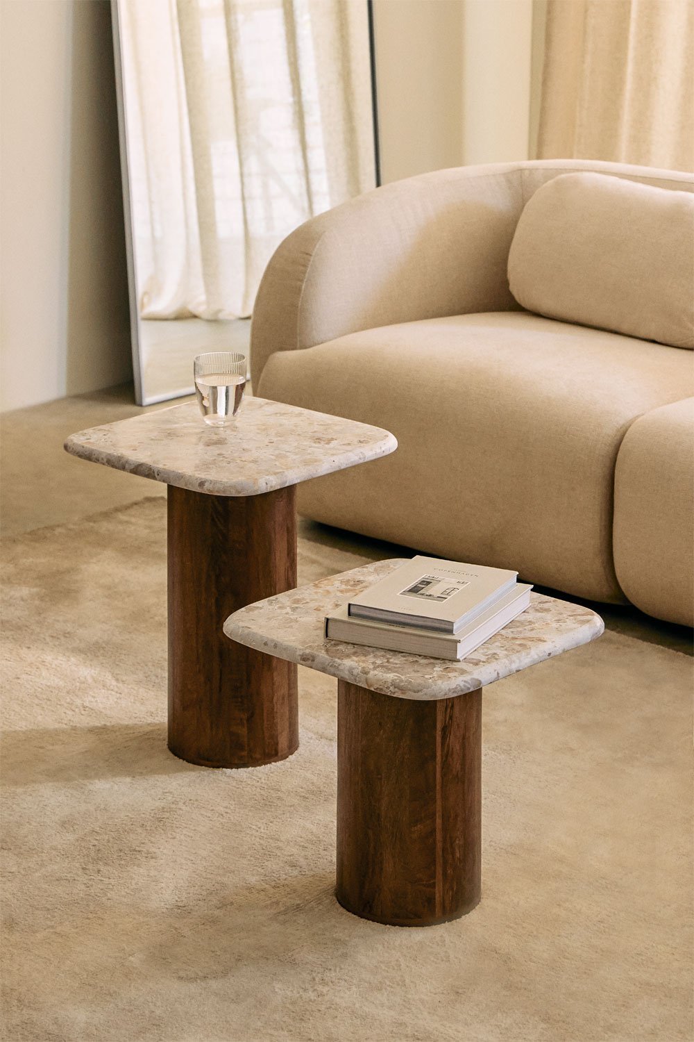 Set of 2 square coffee tables 40x40 cm in marble and mango wood Merieines, gallery image 1