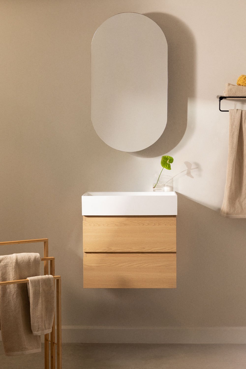 Bathroom furniture set in wood and ash veneer with integrated Ona washbasin, gallery image 1