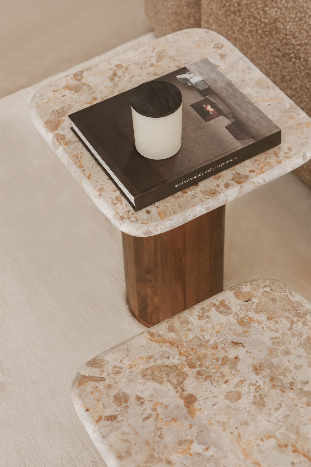 Set of 2 square coffee tables 40x40 cm in marble and mango wood Merieines, gallery image 2