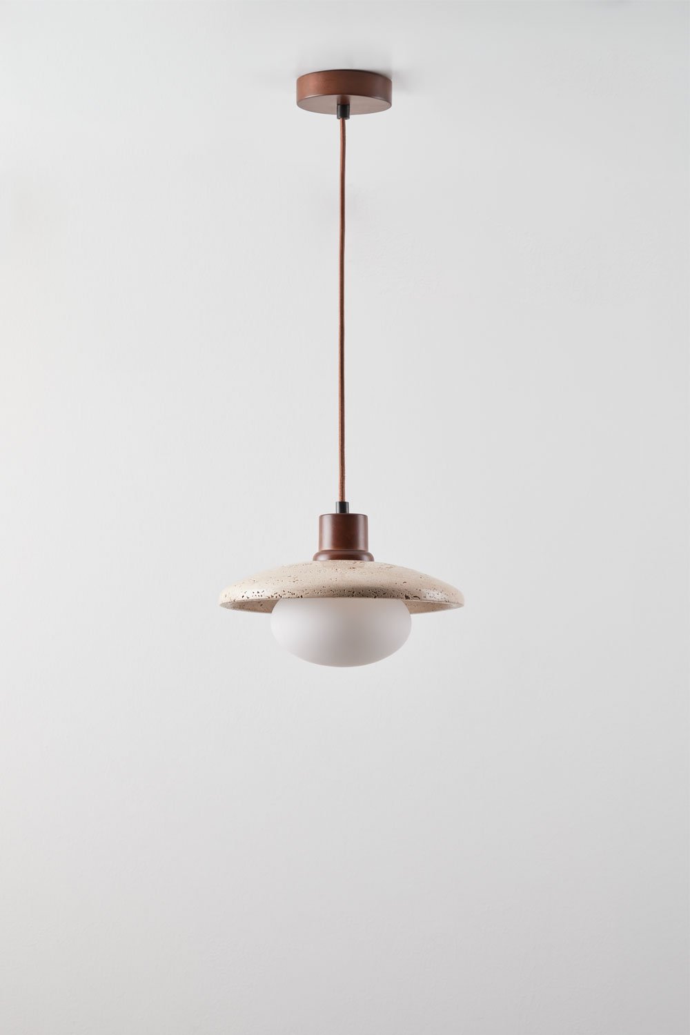 Ceiling lamp in travertine, wood and with Davise crystal ball, gallery image 1