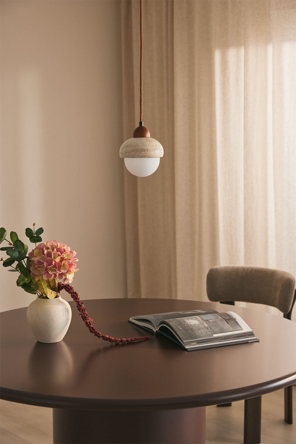 Ceiling lamp Ø15 cm in travertine and Davise wood, gallery image 1