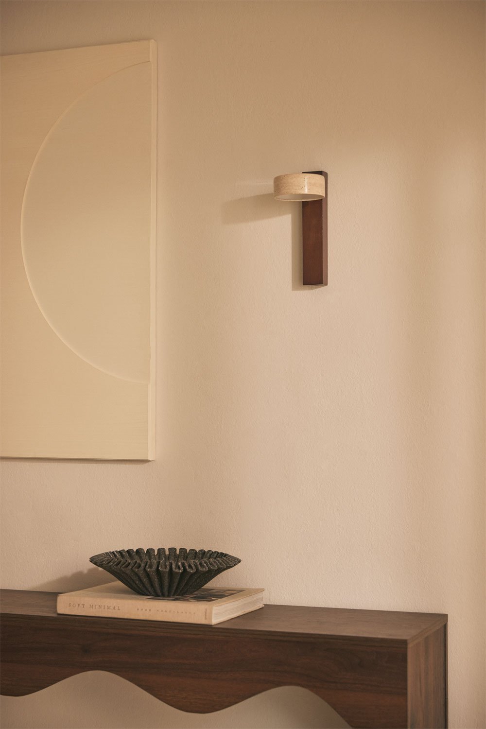 Davise directional LED wall light in wood and travertine, gallery image 1