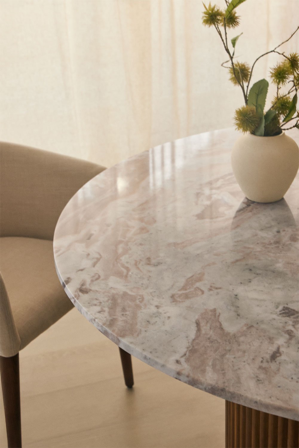 Giselda round dining table in natural stone and mango wood, gallery image 2