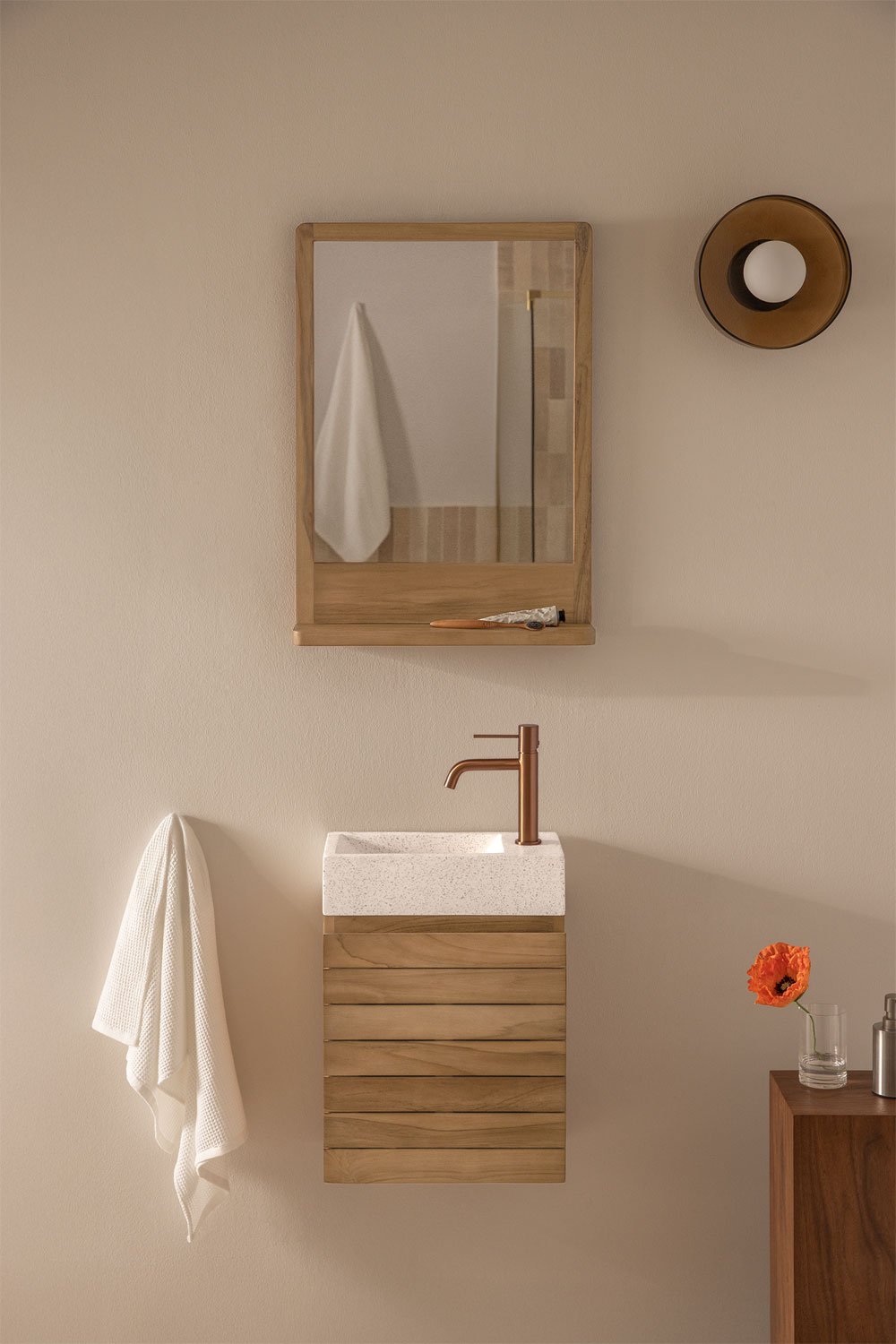 Bathroom furniture set in teak wood with integrated Napier cement washbasin, gallery image 1