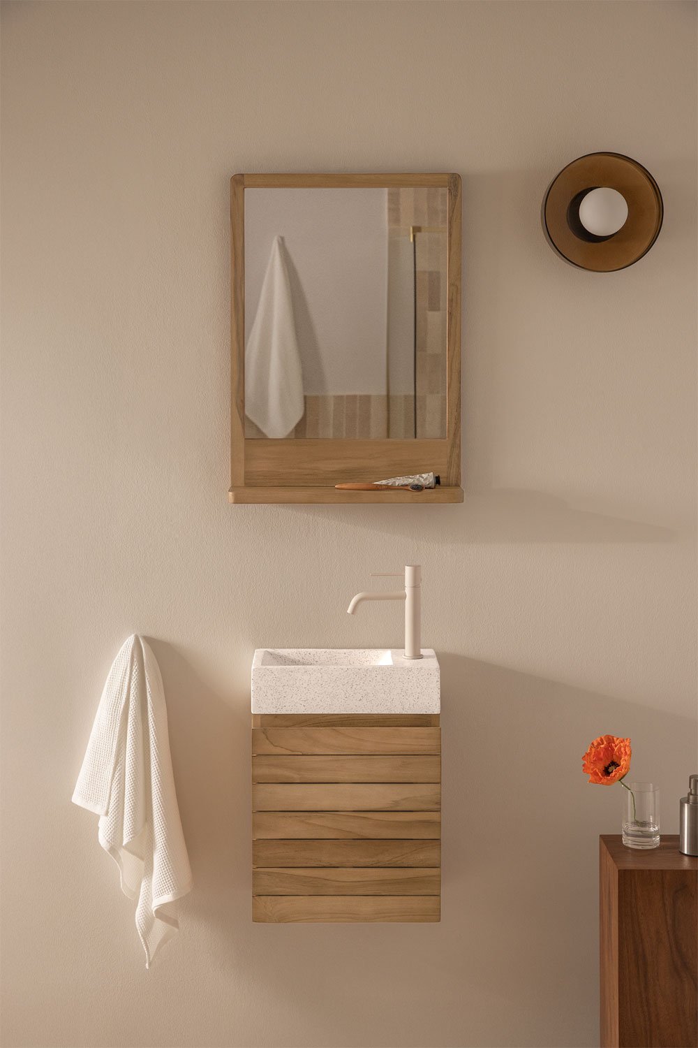 Bathroom furniture set in teak wood with integrated Napier cement washbasin, gallery image 1