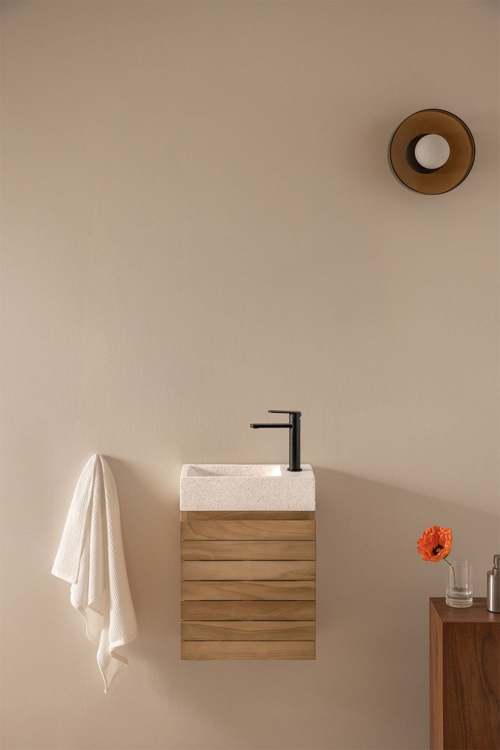 Suspended teak wood bathroom furniture set with integrated Napier cement sink, gallery image 1