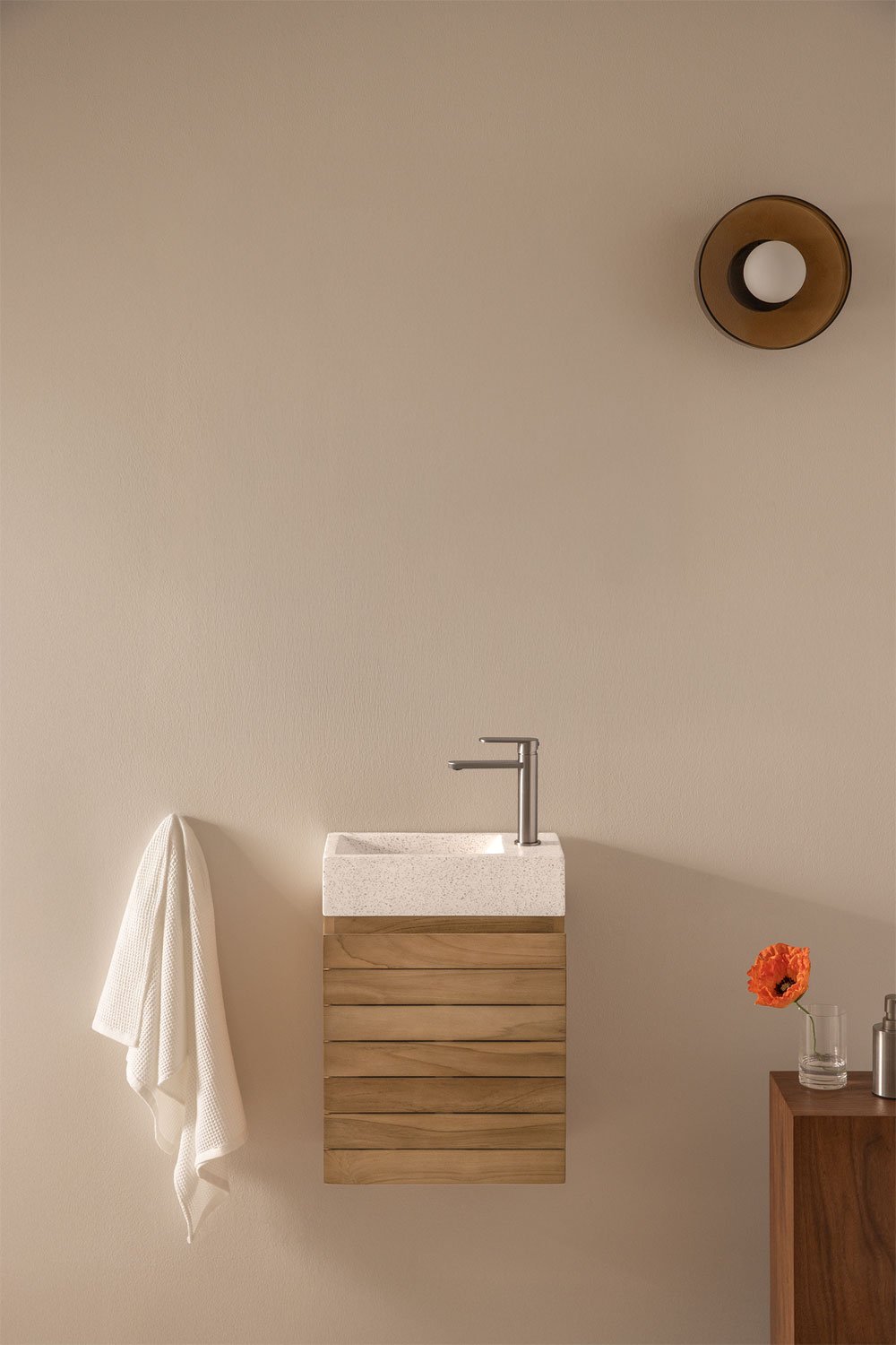 Bathroom furniture set in teak wood with integrated Napier cement washbasin, gallery image 1