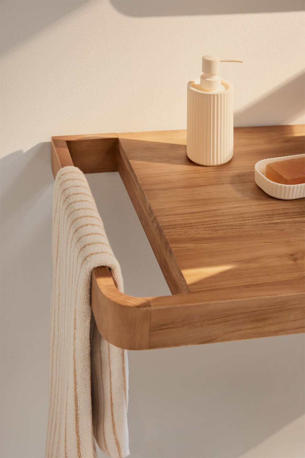 Suspended bathroom furniture set 130x45 cm in teak wood Neill, gallery image 2