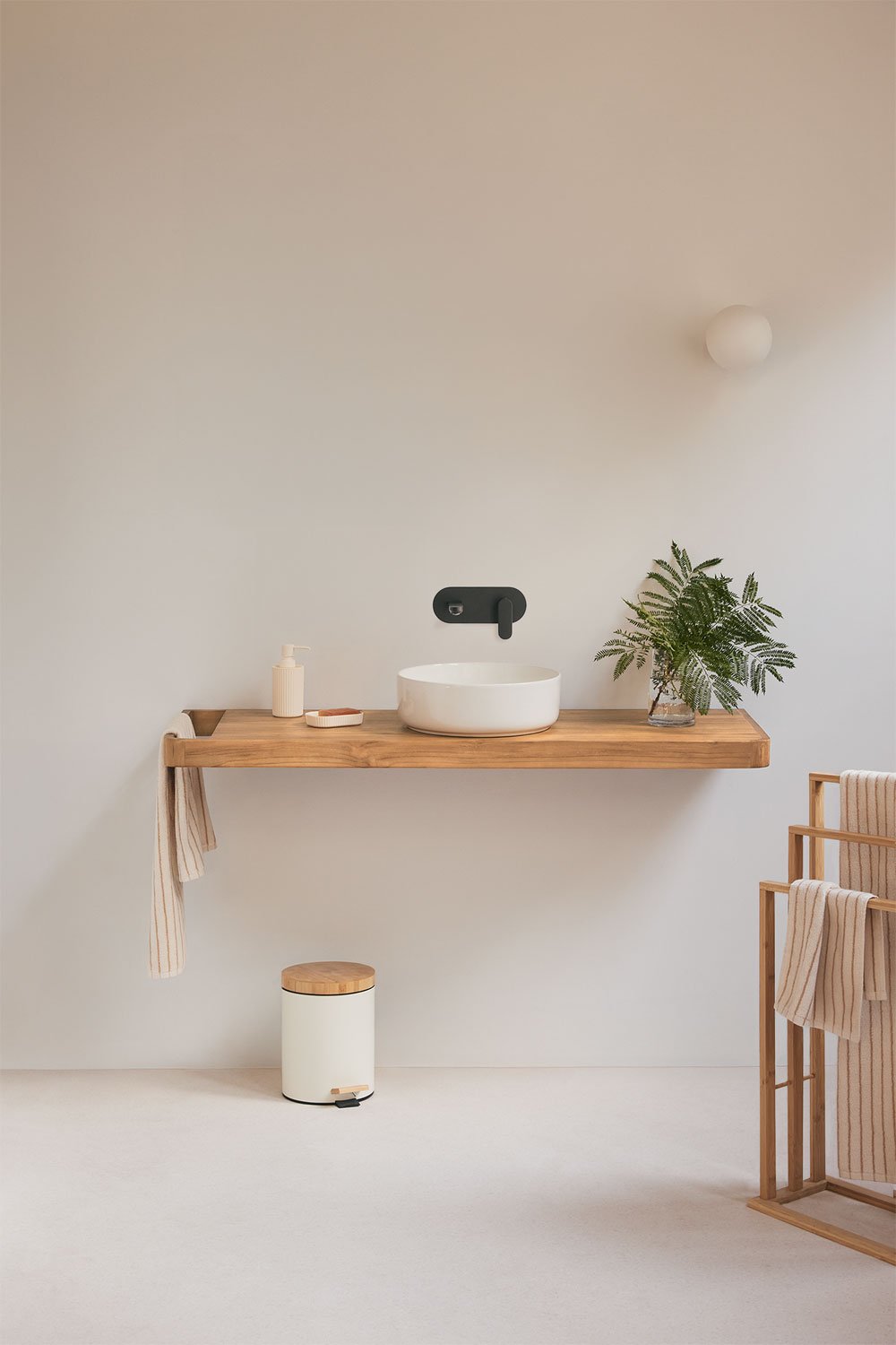 Suspended bathroom furniture set 130x45 cm in teak wood Neill, gallery image 1