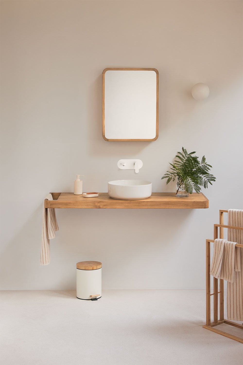 Suspended bathroom furniture set 130x45 cm in teak wood Neill, gallery image 1