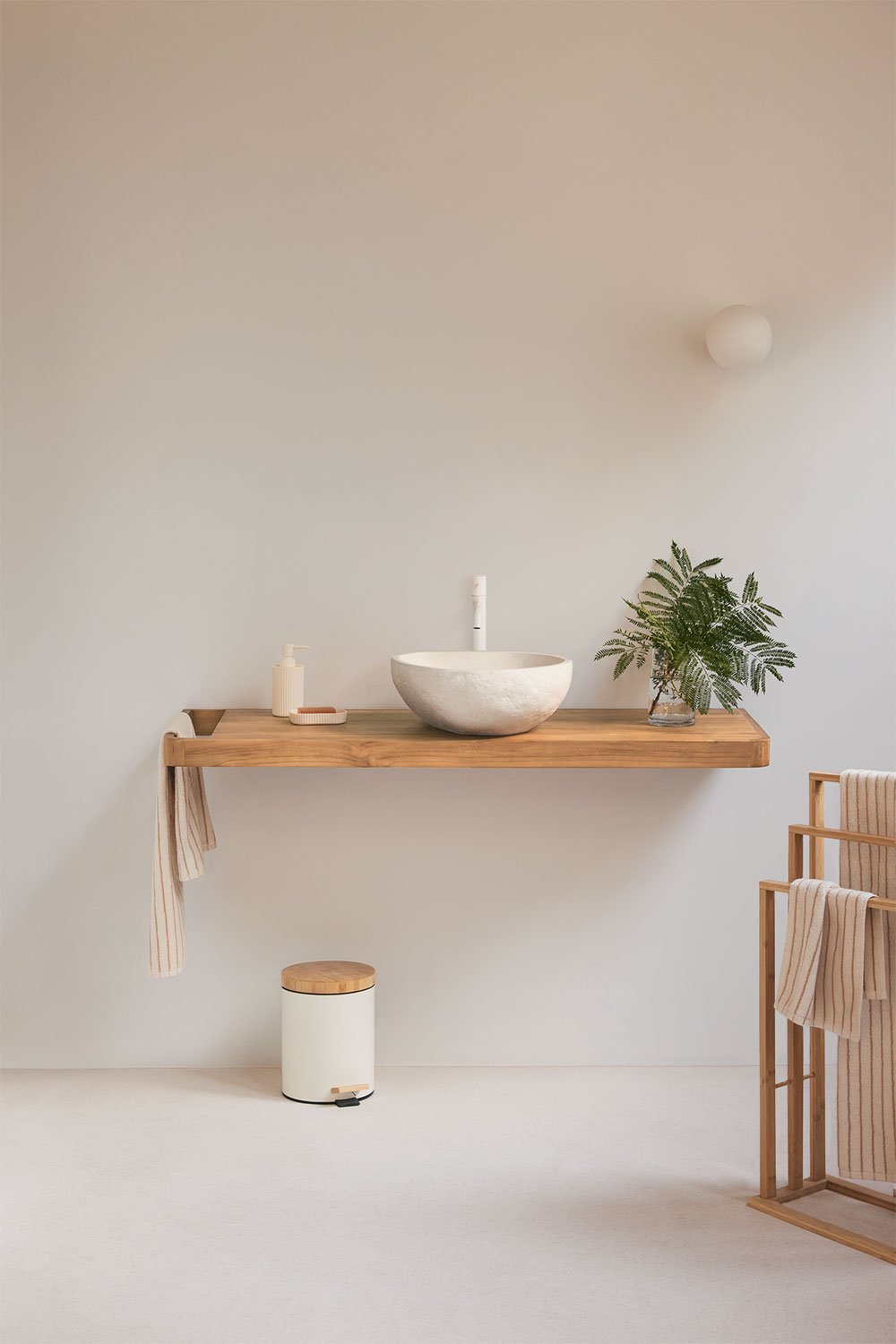 Suspended bathroom furniture set 130x45 cm in teak wood Neill, gallery image 1