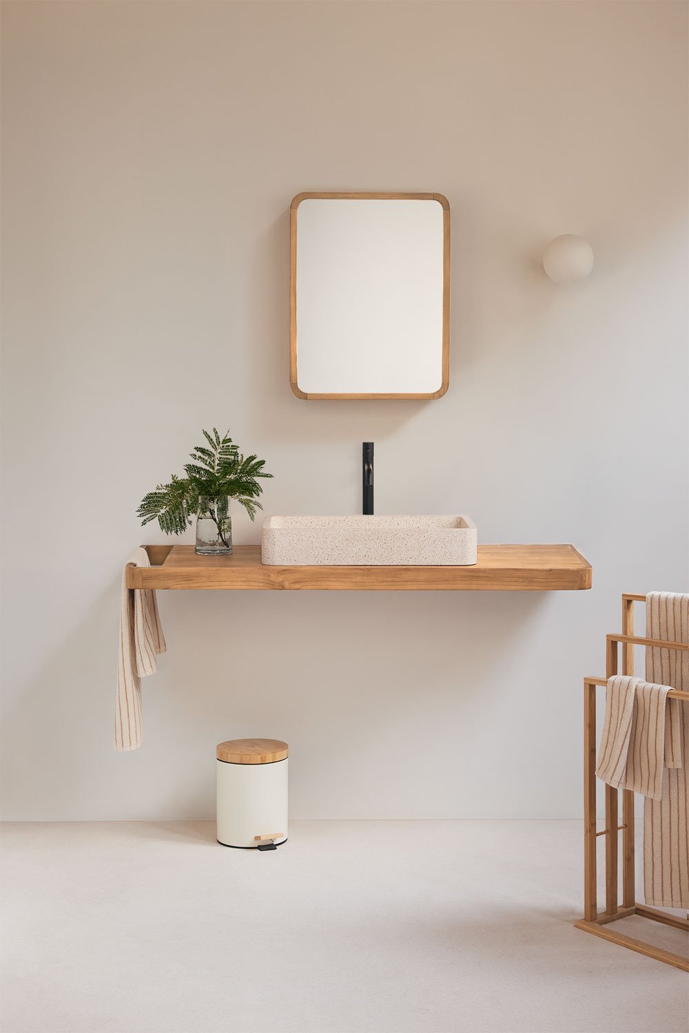 Suspended bathroom furniture set 130x45 cm in teak wood Neill, gallery image 1