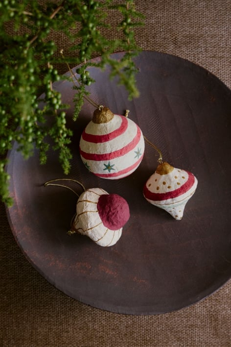 Set of 3 handmade Christmas decorations in papier-mâché Bemot