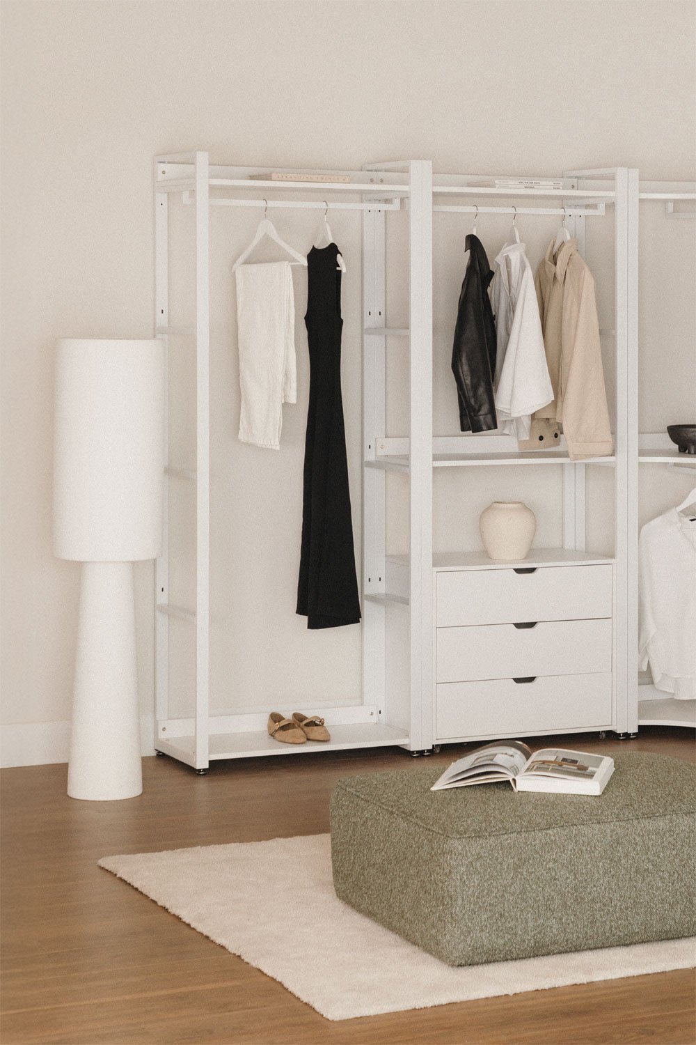 2-piece open modular wardrobe with clothes rail, steel and MDF drawers Ariaster, gallery image 1