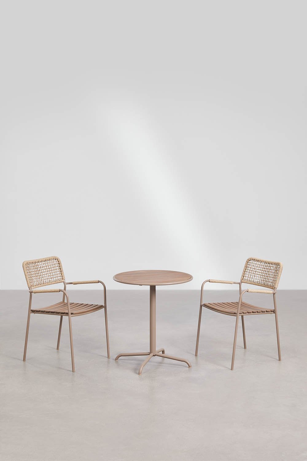 Round garden table set Ø65 cm and 2 stackable garden chairs in steel and acacia wood Tilda, gallery image 1