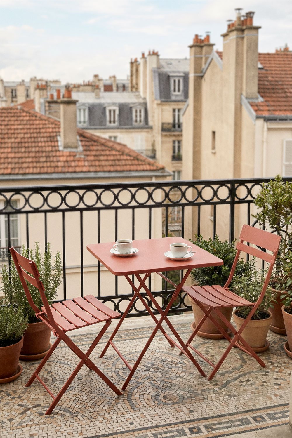 Tamarit folding 60x60 cm square table set with 2 steel garden chairs, gallery image 1