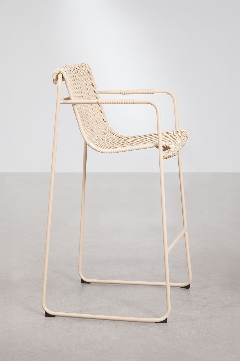 Stackable high garden stool with armrests in synthetic rattan and steel Revia, gallery image 2