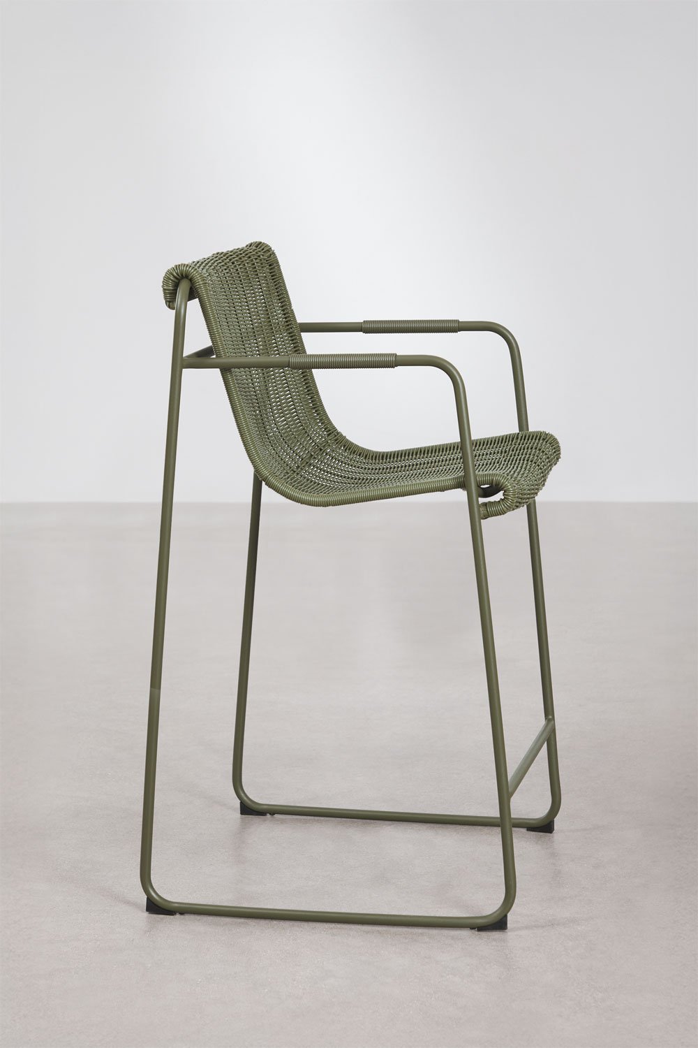 Stackable high garden stool with armrests in synthetic rattan and steel Revia, gallery image 2