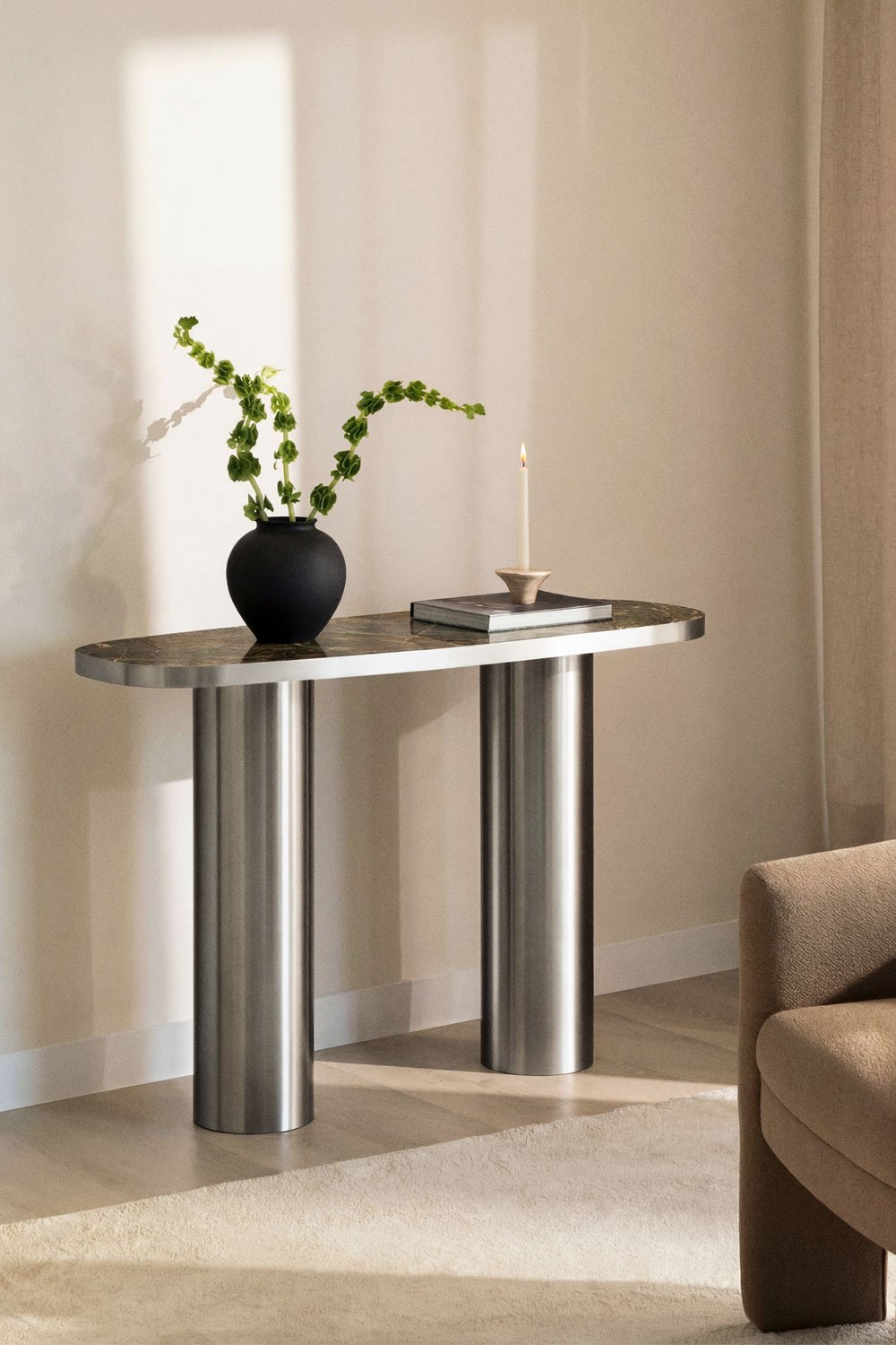 Oval 120x40 cm hallway console in natural stone and stainless steel Fertrix, gallery image 1