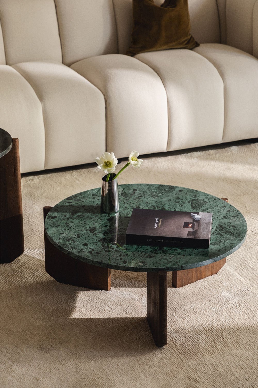 Lavinia round coffee table in natural stone and mango wood, gallery image 1