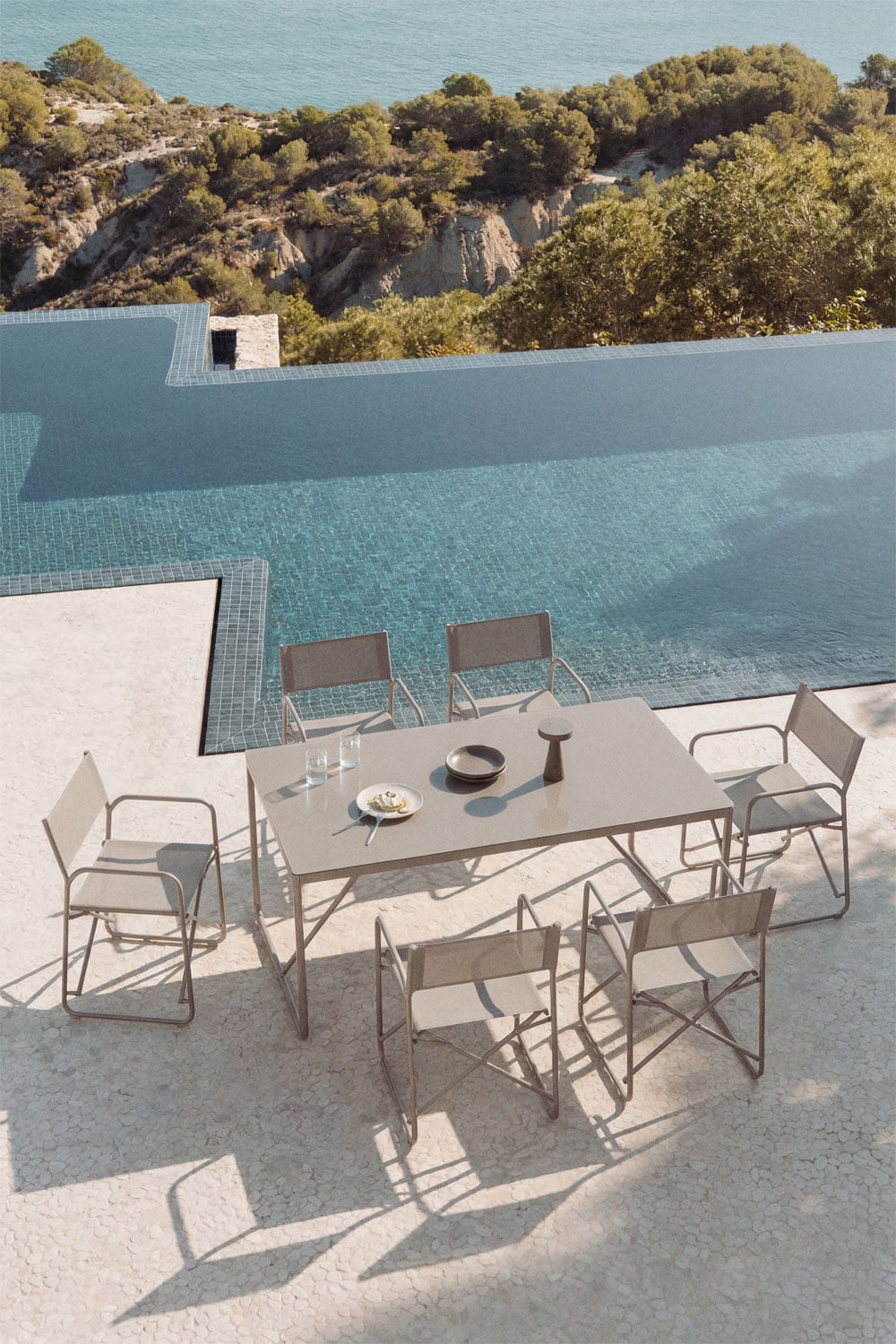 Rectangular table set 185x85 cm and 6 folding director chairs for garden in Melida steel, gallery image 1