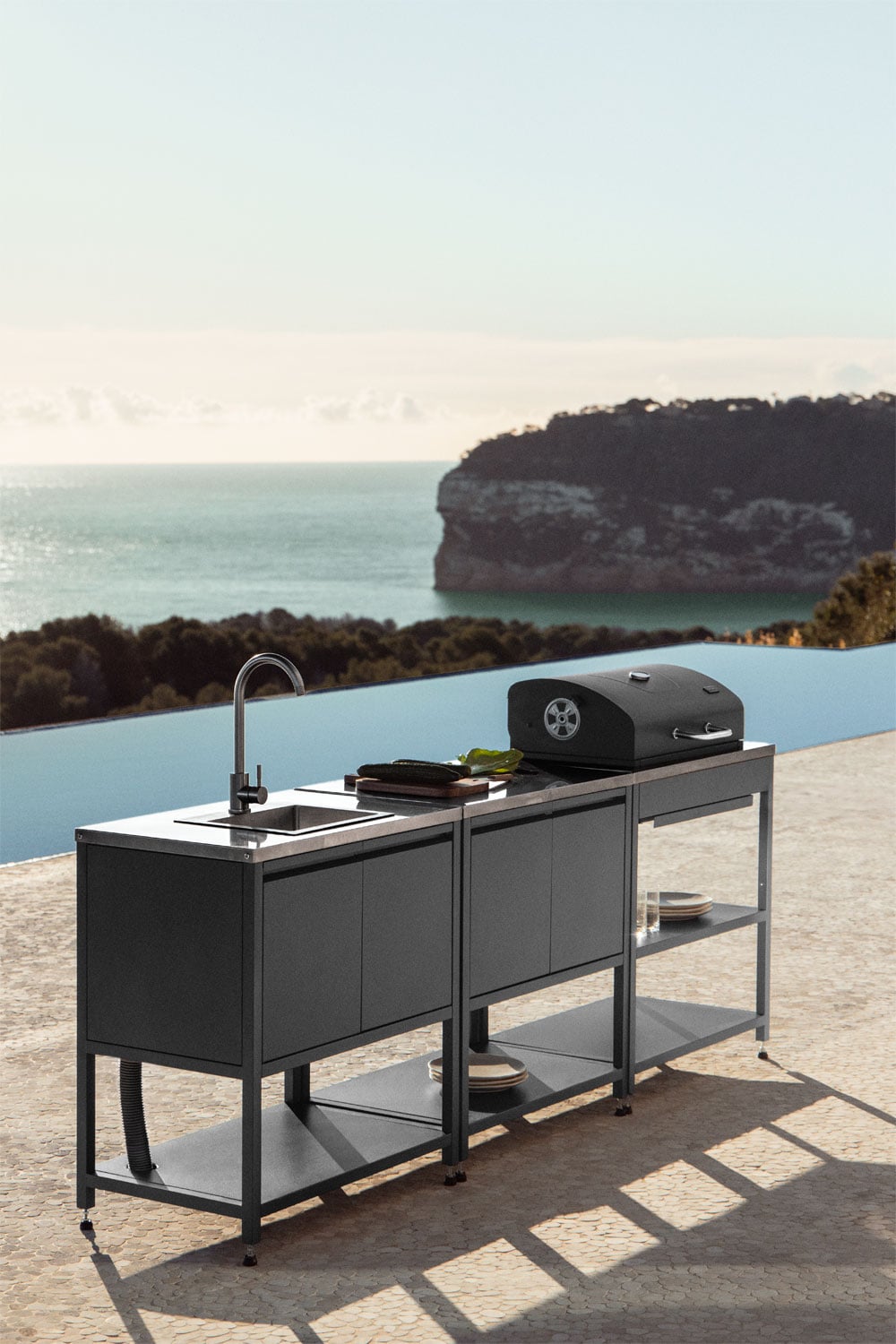 3-piece outdoor modular kitchen with sink, storage, and Savona steel charcoal barbecue, gallery image 9