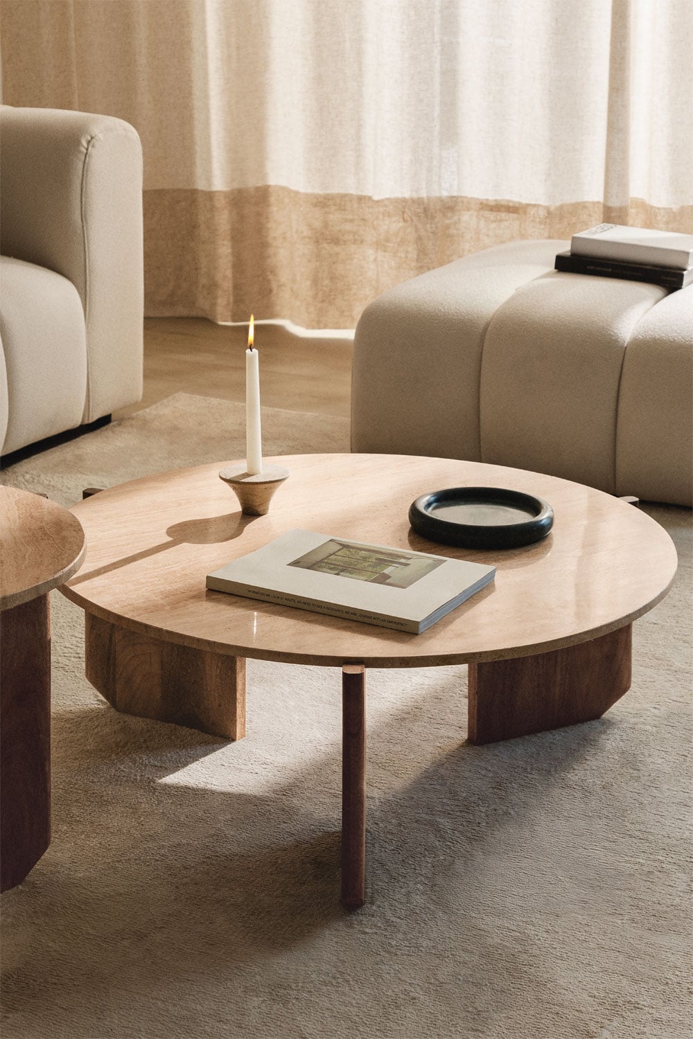 Lavinia round coffee table in natural stone and mango wood, gallery image 1