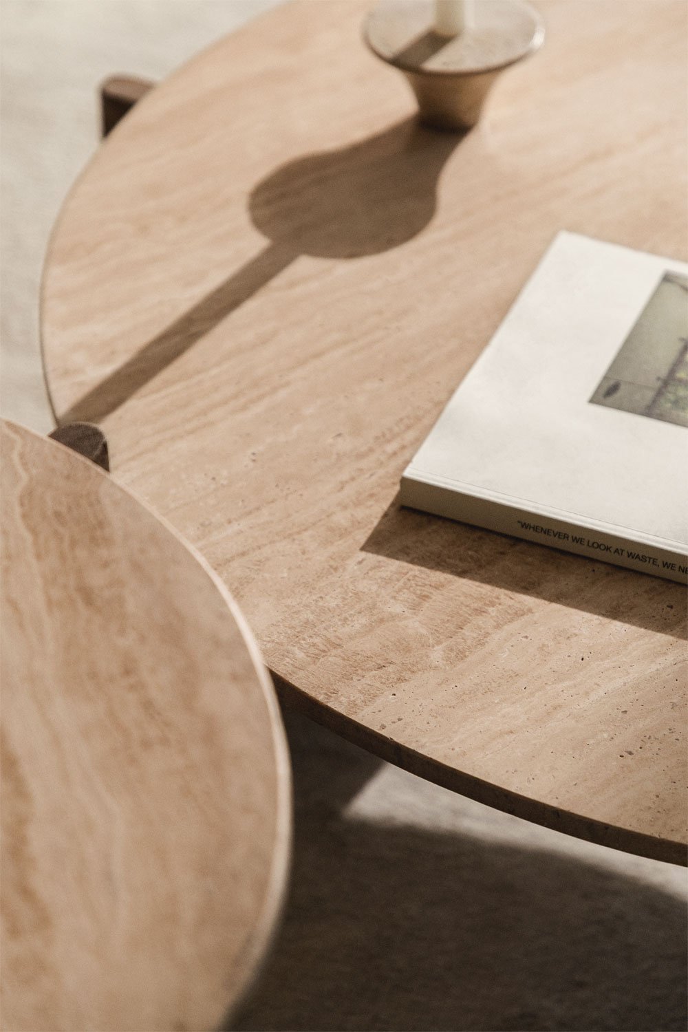 Set of 2 round coffee tables in natural stone and mango wood Lavinia, gallery image 2