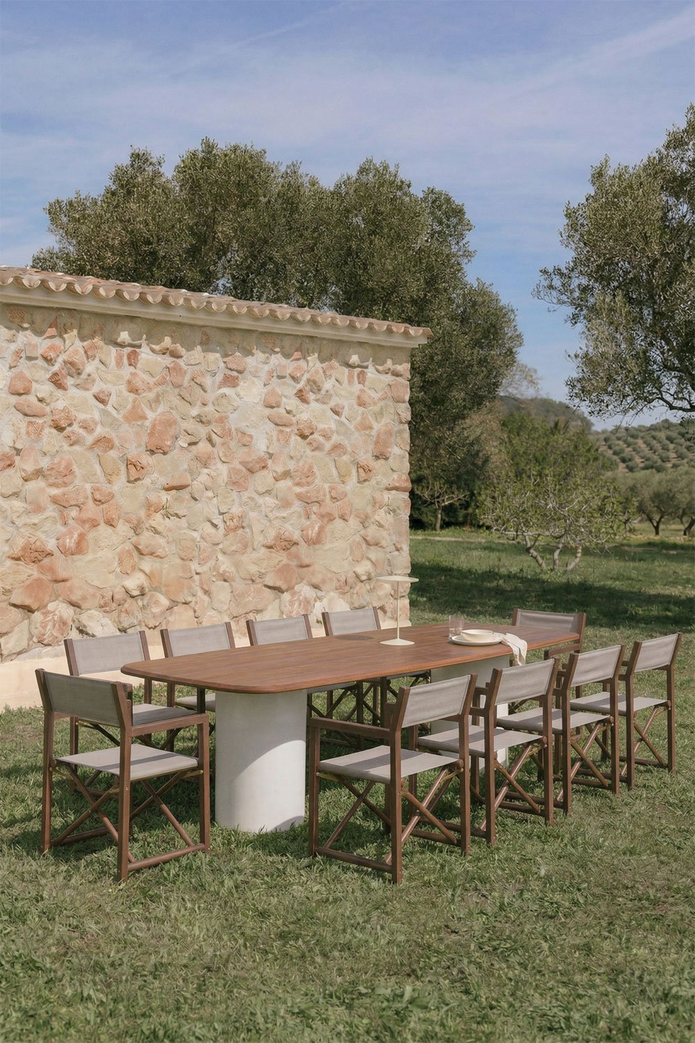 Rectangular 270x110 cm Leighton table set and 10 folding garden director chairs in Rondonia acacia wood, gallery image 5174541