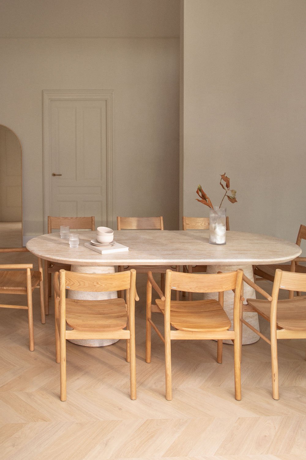 Noemi oval table set 220x95 cm in travertine look cement and 8 Mara Signature oak wood dining chairs, gallery image 1