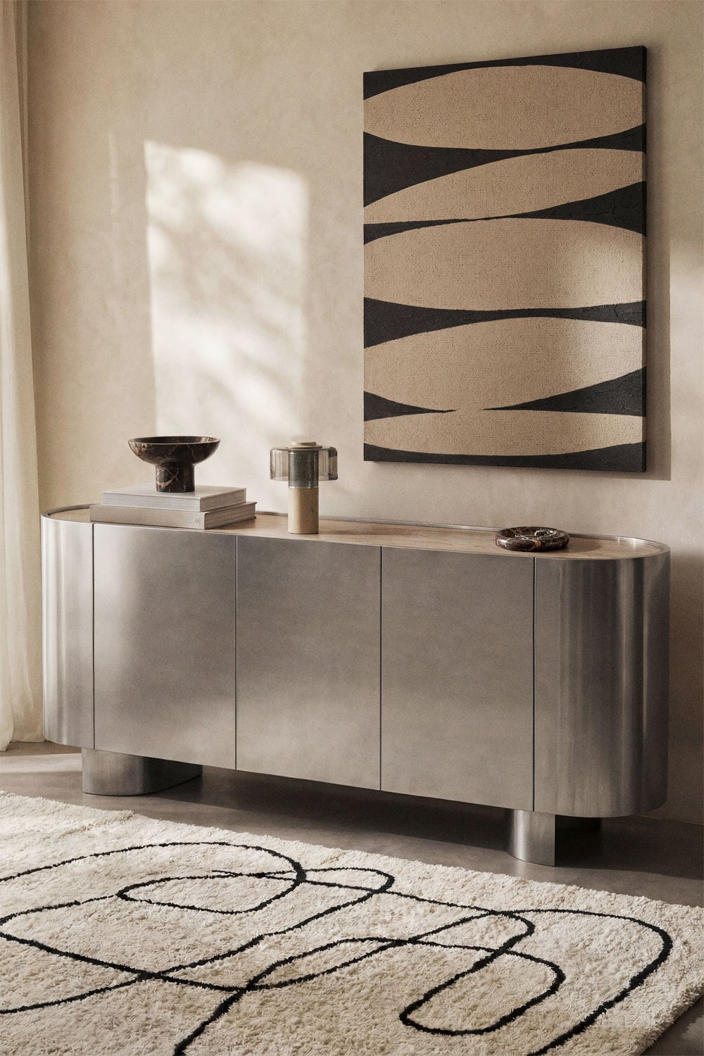 Oval sideboard 160x40 cm in stainless steel and travertine Luena, gallery image 1
