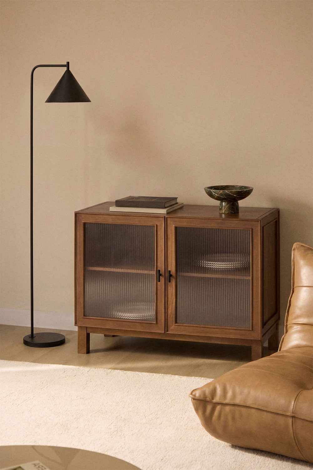 Rectangular sideboard 100x45 cm mango wood and glass with black handles Ildara, gallery image 1