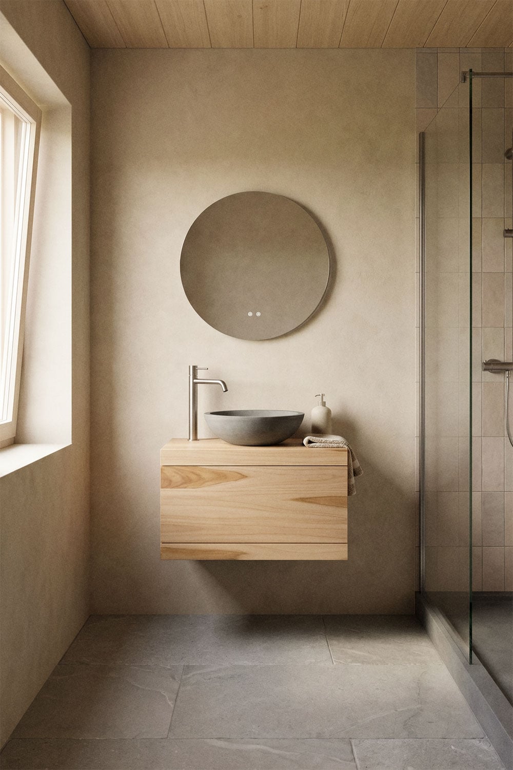 Suspended bathroom furniture set 60x45 cm in Belivetta teak wood, gallery image 1