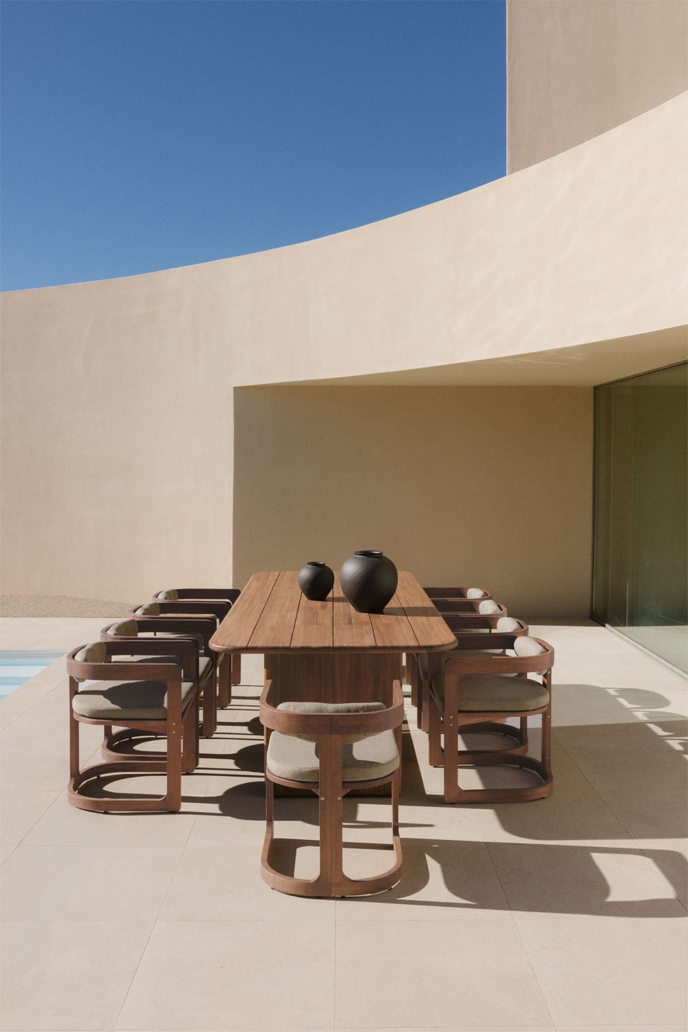 Rectangular dining table set 265x120 cm in Siena acacia wood and 10 garden chairs in Selira eucalyptus wood, gallery image 5371222